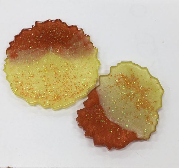 Pair of Yellow and Orange Geode Coasters with Resin
