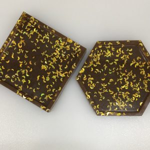 Pair of Coasters in Brown Resin with Gold Moons