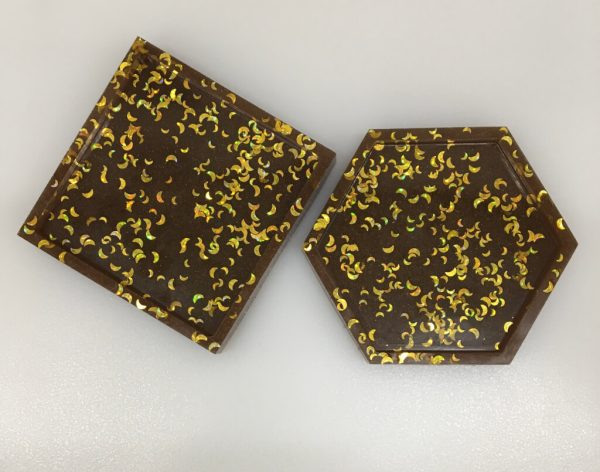 Pair of Coasters in Brown Resin with Gold Moons