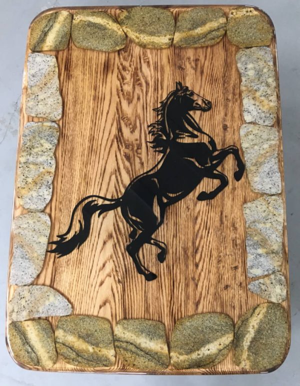 Oak table - Lazer cut metal horse embedded in resin - Image 2