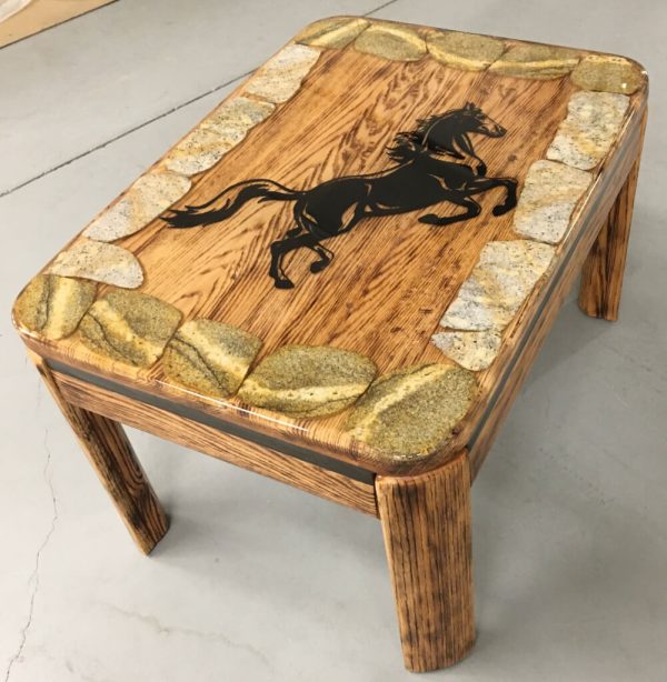 Oak table - Lazer cut metal horse embedded in resin