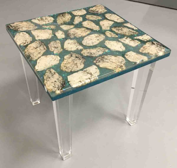 Teal Green, White, Black Rock Table