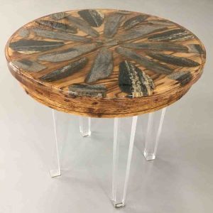 Round oak table with burnt grain effect
