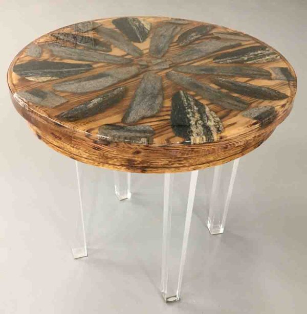 Round oak table with burnt grain effect