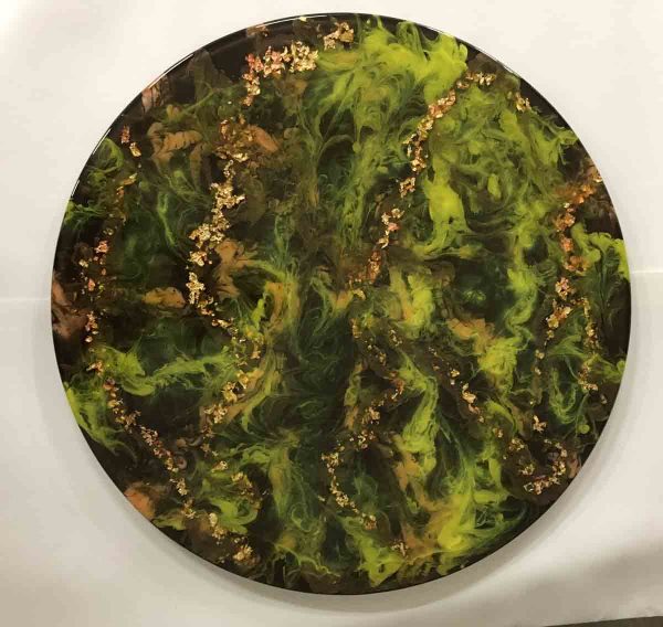 18" Carousel Tray in Greens/Yellows with Gold Leaf - SOLD