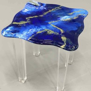 Square Side Table in Blues and Metallic Gold Veins - SOLD