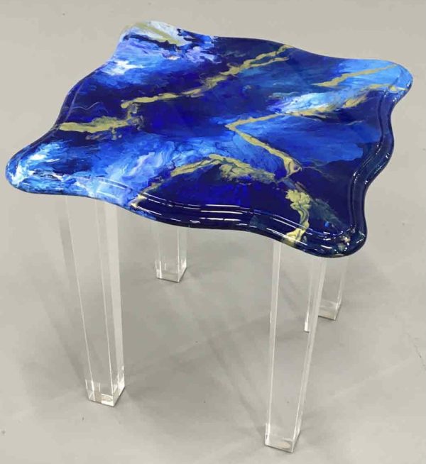 Square Side Table in Blues and Metallic Gold Veins - SOLD