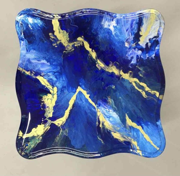 Square Side Table in Blues and Metallic Gold Veins - SOLD - Image 2